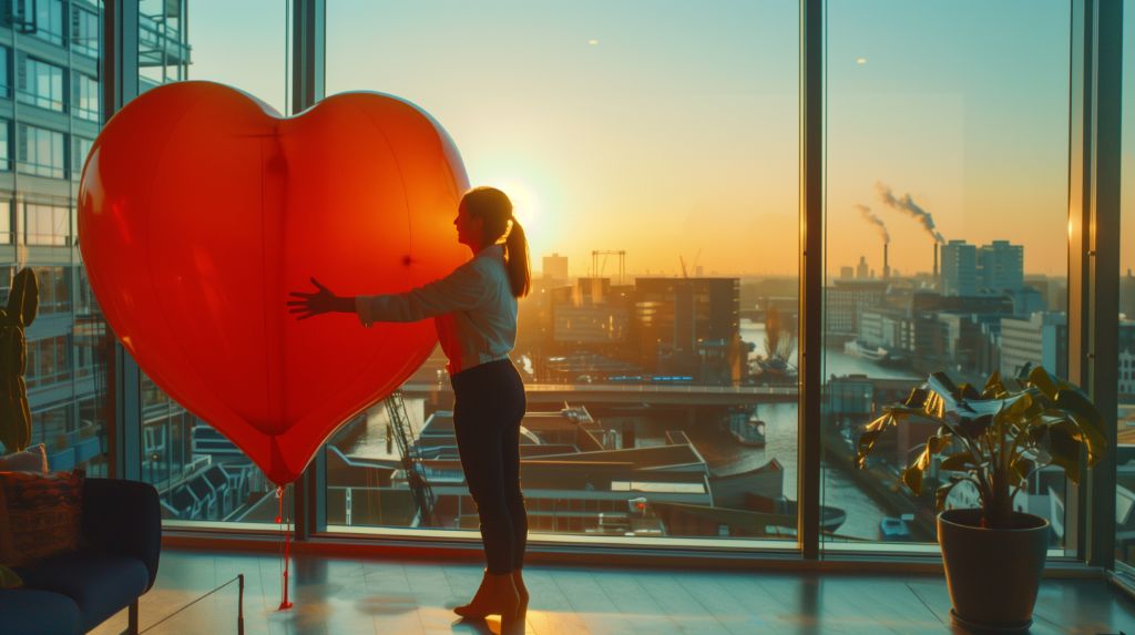 Woman holding a large heart-shaped balloon by a window at sunset