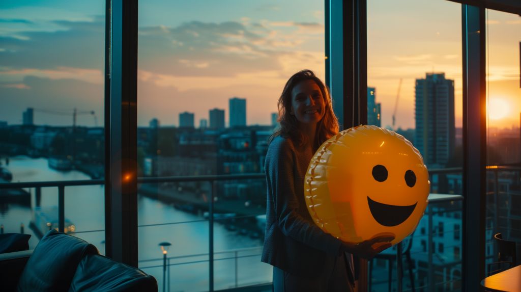 Woman with a smiley balloon by a window at sunset overlooking cityscape