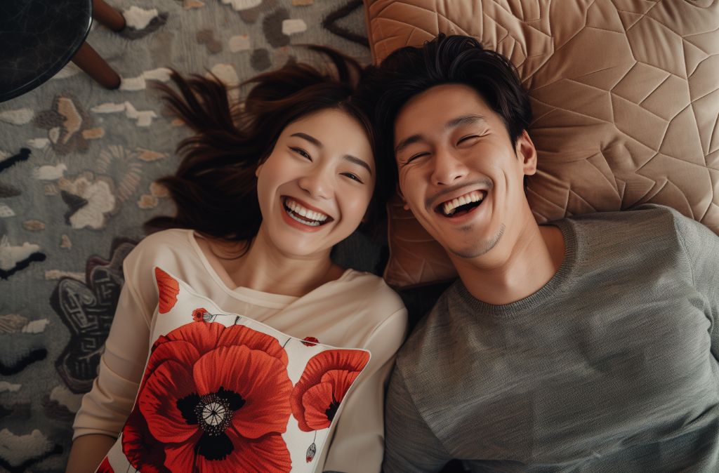 Joyful couple lying down together, laughing in a cozy setting