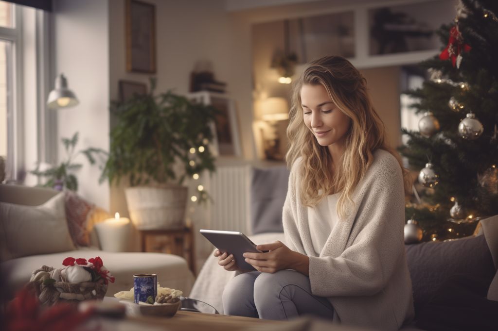Woman in modern living room with tablet | scandinavian interior | wide shot in cozy scene