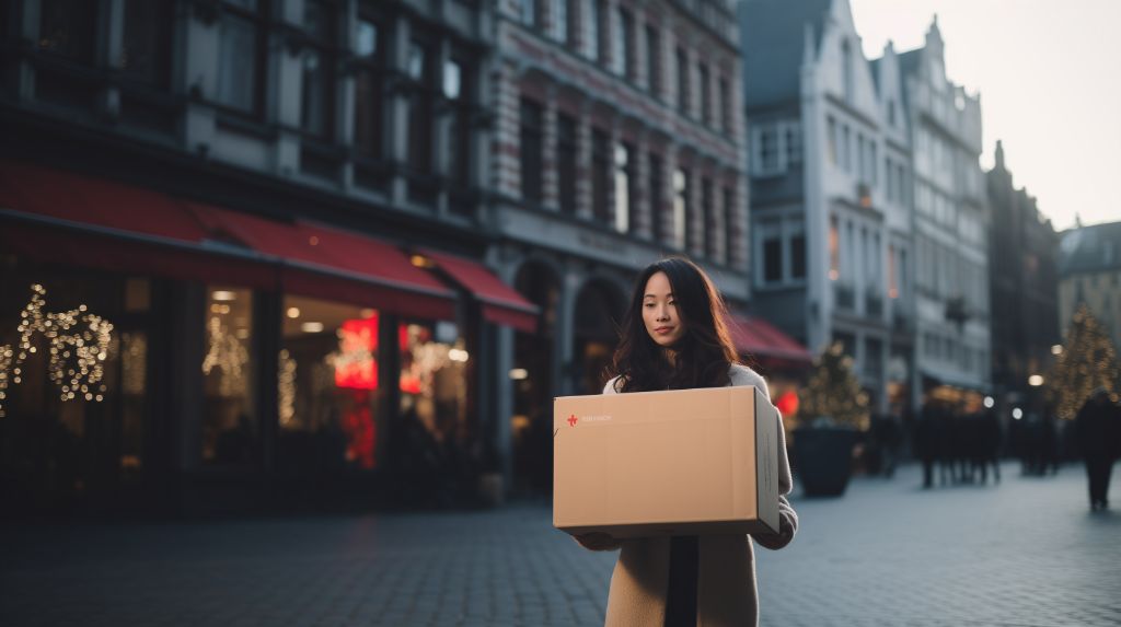 Asian woman holding a large gift box on a vibrant city street during christmas