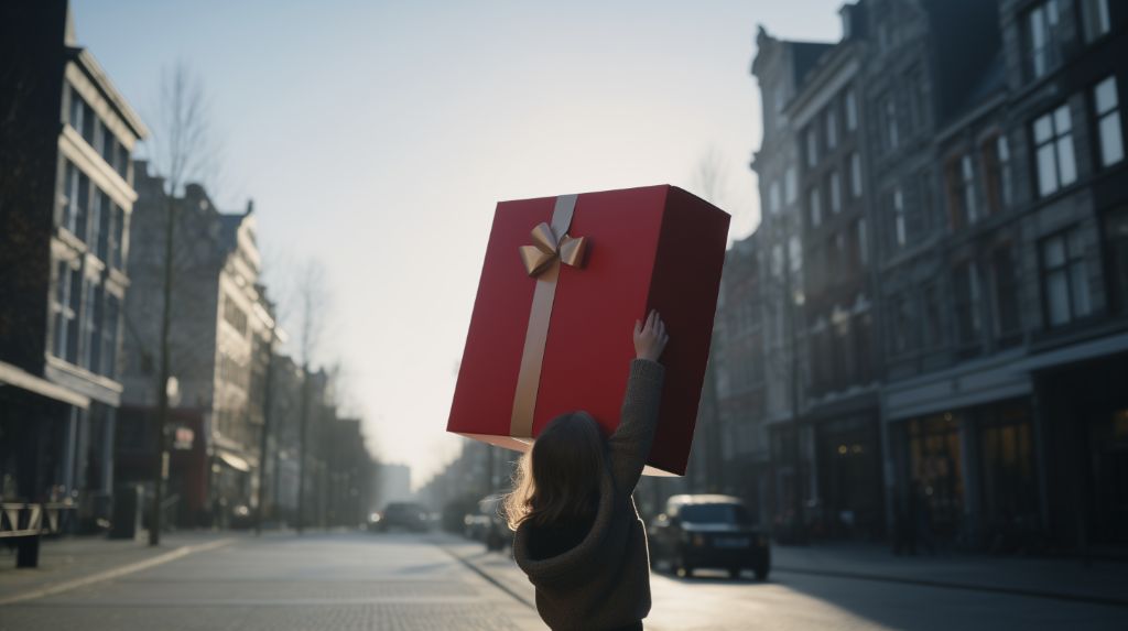 Child holding a large gift box on a vibrant city street