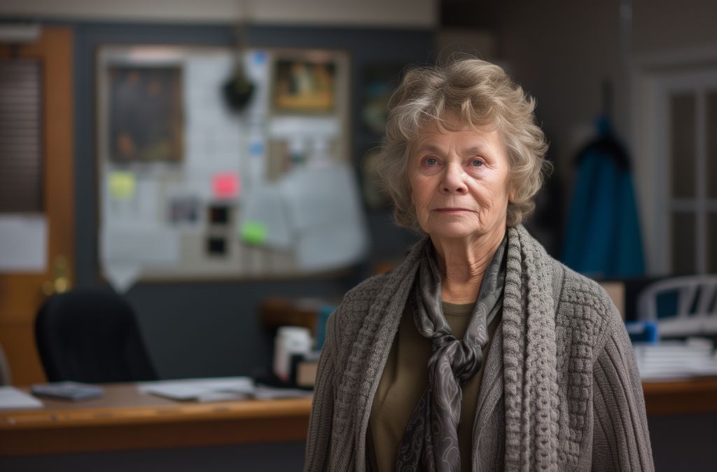 Elderly woman in an office environment with a contemplative look