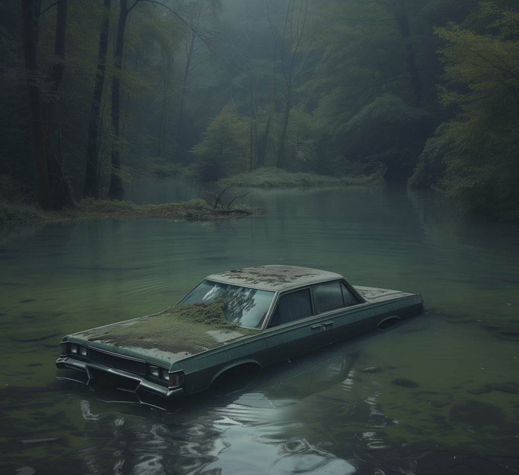 Abandoned car submerged in a misty forest river