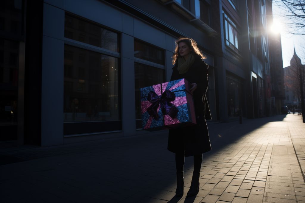 Woman holding a large gift box on vibrant street