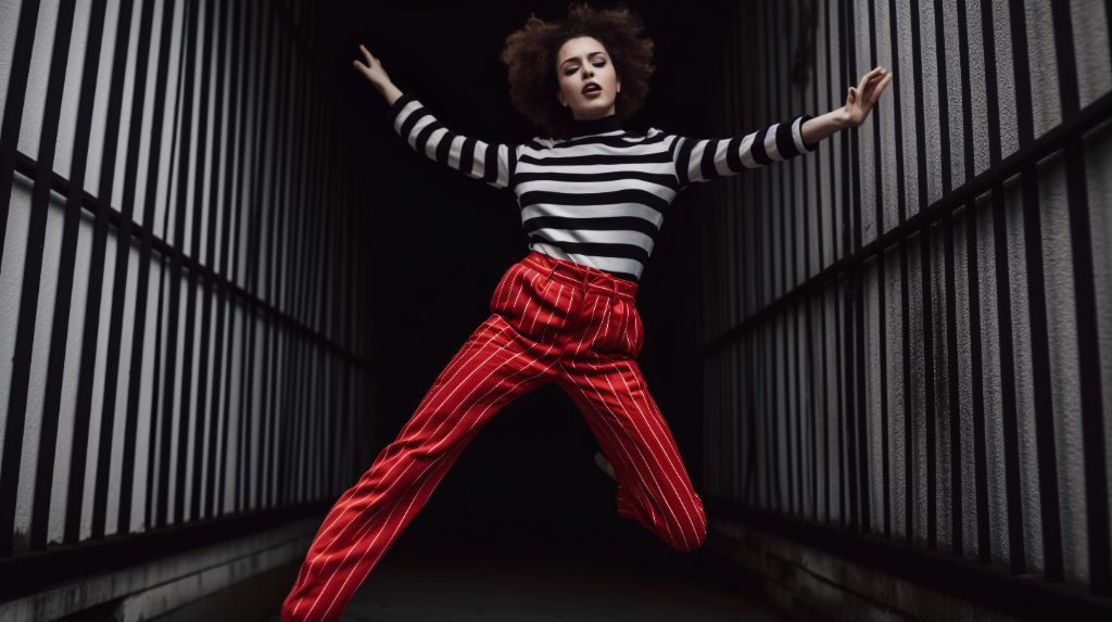Model wearing a black and white striped top and red pants