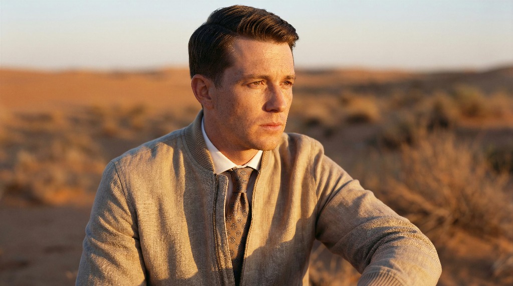 Man in a suit gazing into the distance in a desert landscape.