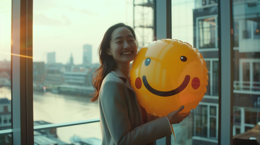 Woman with a smiley balloon by a window overlooking a city at dusk