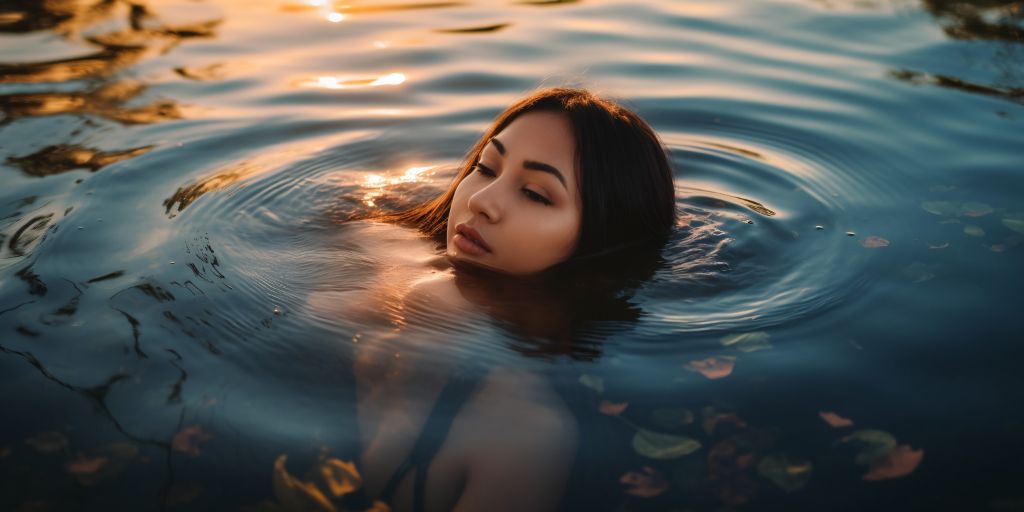 Asian woman in crystal-clear lake