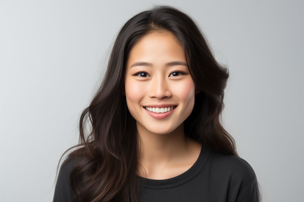 Studio portrait of a smiling 20yo asian woman in black top