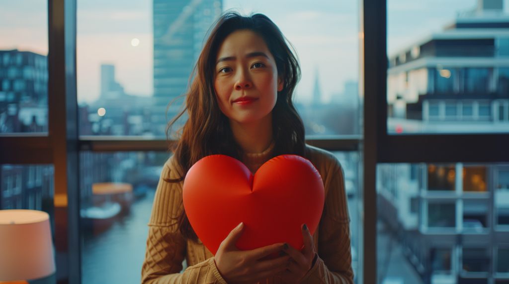 Woman holding a red heart with cityscape in background