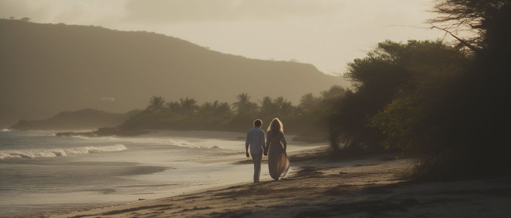 romantic couple strolling on tropical beach at sunset