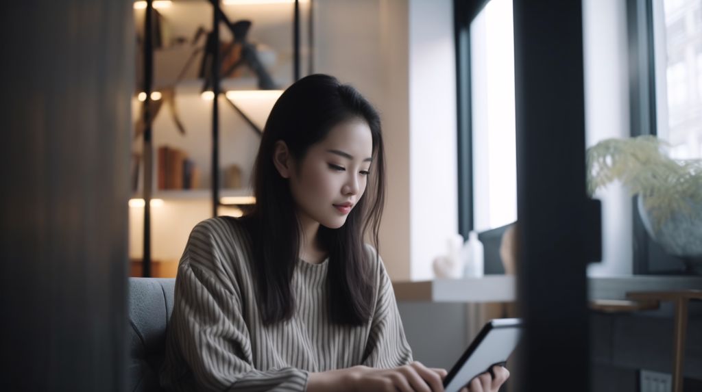 Young Asian woman holding tablet, sitting on the couch