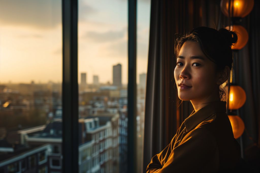 Woman by window at dusk, city skyline in background
