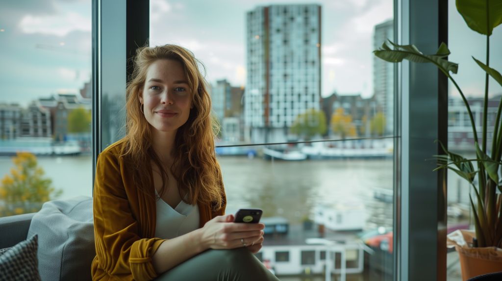 Woman with phone sitting by window overlooking river cityscape