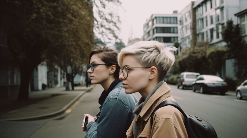 lesbian couple exploring new city - medium shot
