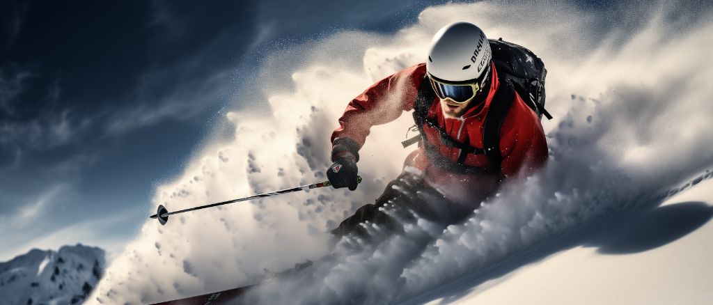 skier carving through snow, focused and intense, close-up shot, high alpine terrain.