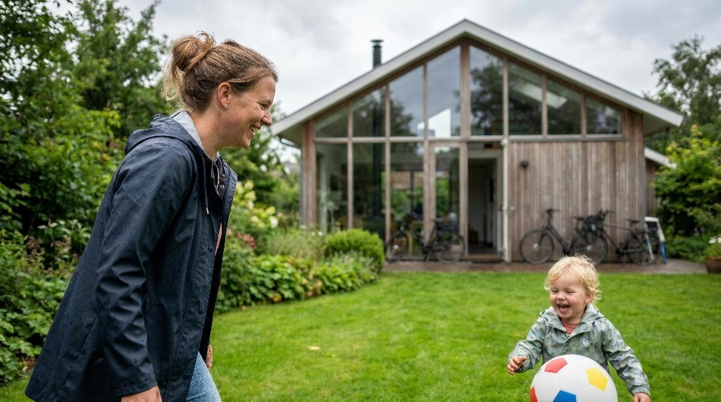 Woman and toddler playing with a ball in a garden.