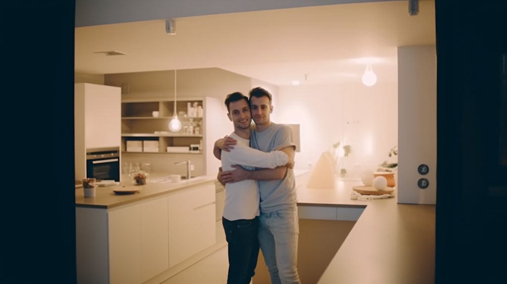 gay couple at home wide shot