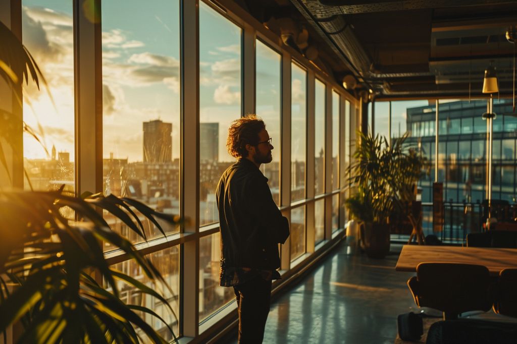 Man gazing out of a window during sunset in a modern office