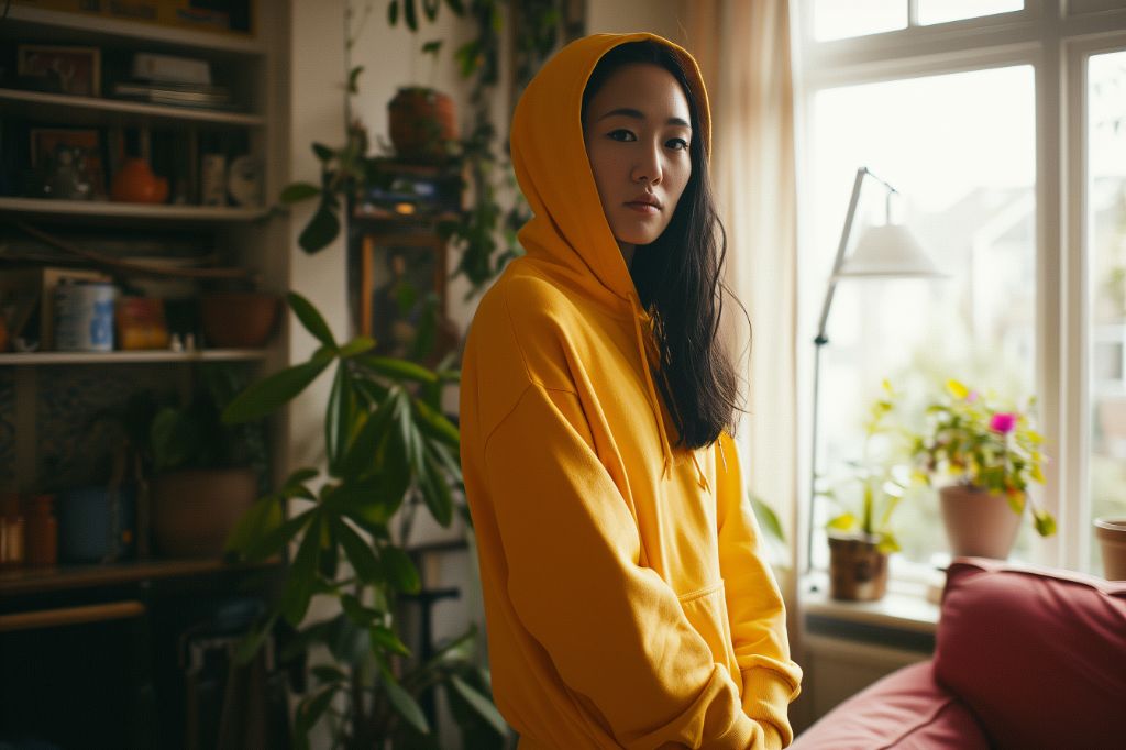 Woman in yellow hoodie indoors, contemplative mood, natural light