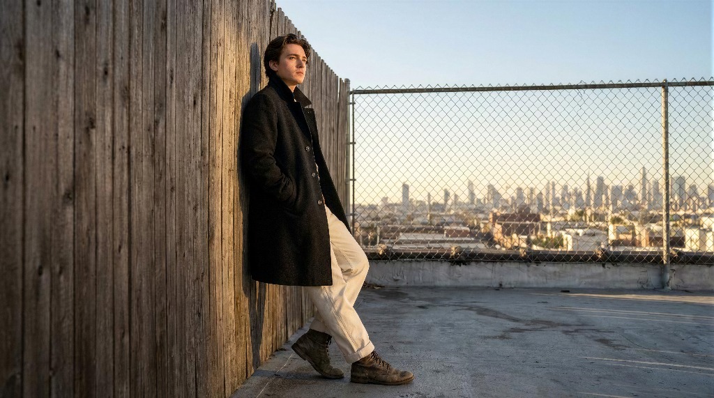 Young man in a coat leans against a wooden fence on a rooftop.