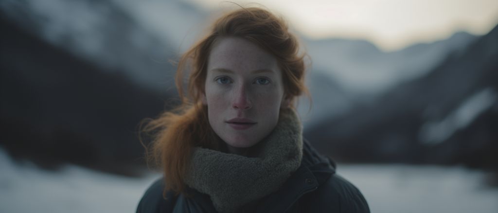 Golden hour winter portrait: woman in swiss alps, cinematic holiday, depth of field