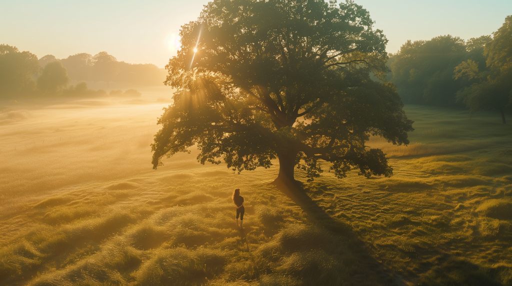Person under a large tree in a misty field at sunrise
