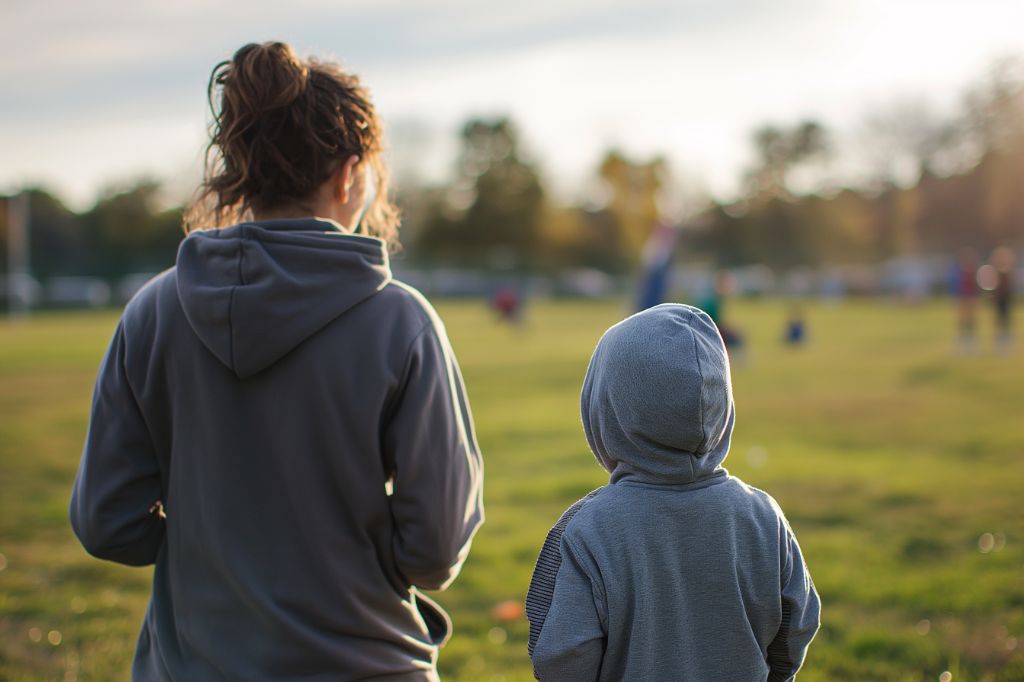 Woman and child in hoodies watching a soccer game at sunset