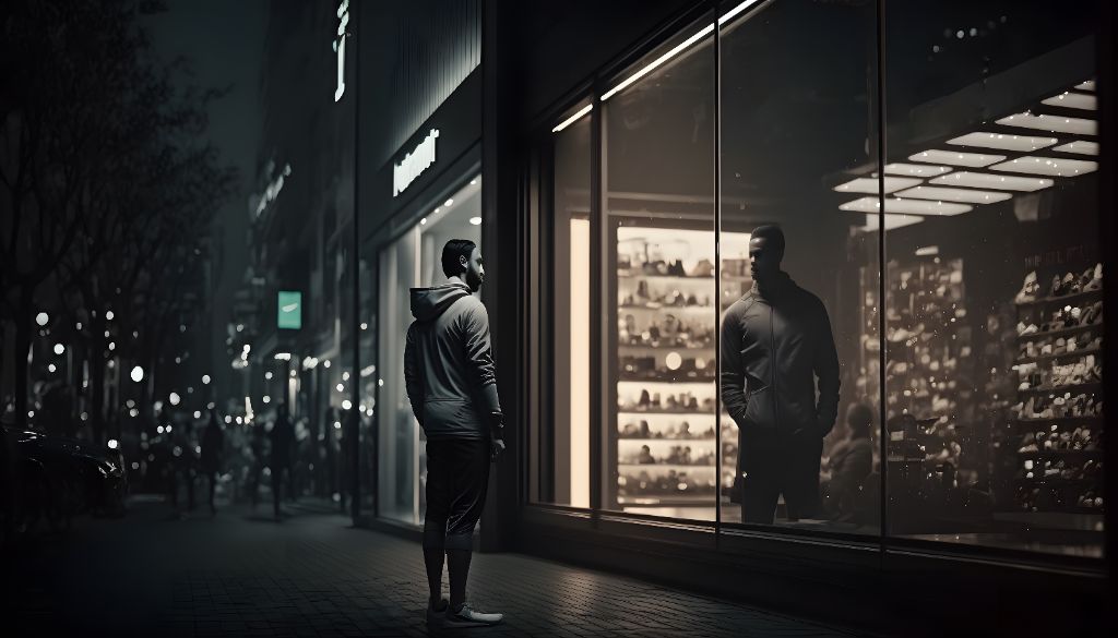 Man Walking Past a Brightly Lit Fashion Store