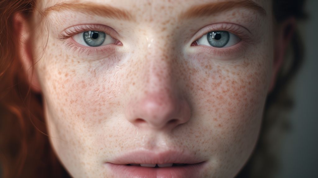 close-up of woman with freckles and pale skin.
