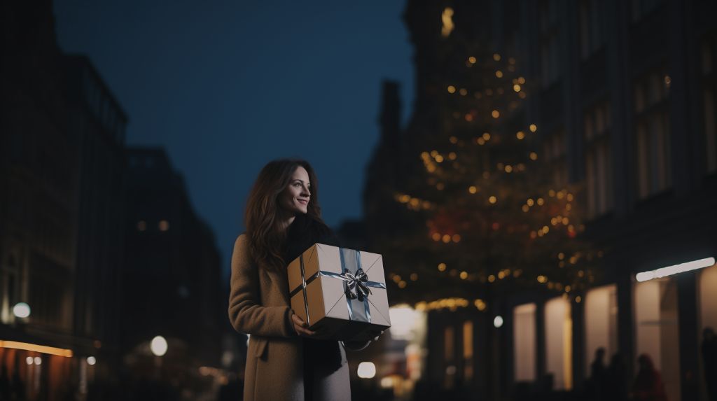 Woman with gift box on city street during christmas
