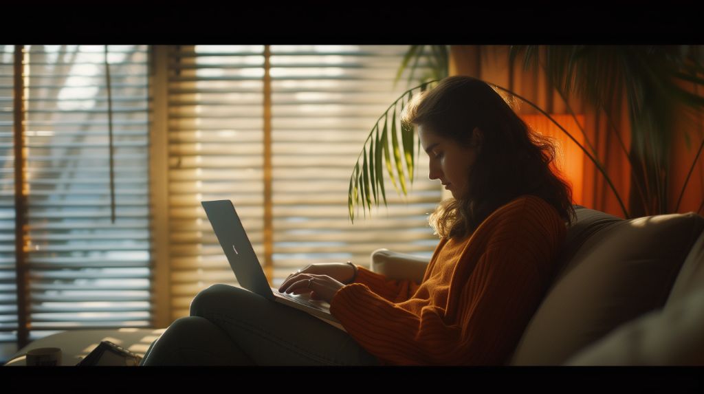 Woman working on laptop in a cozy room with warm lighting