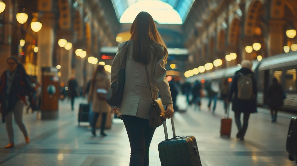Woman with suitcase walking through a bustling train station