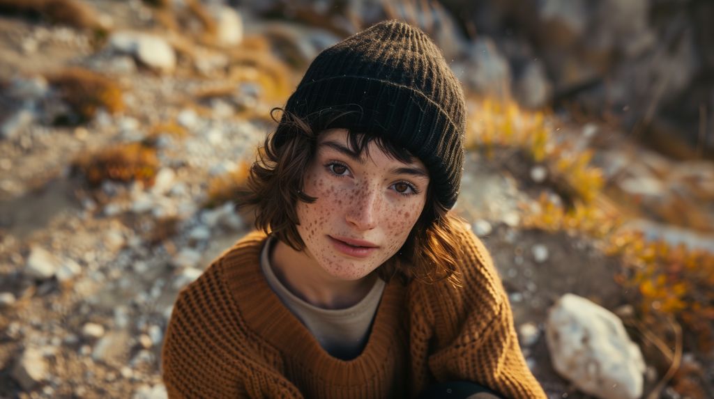 Portrait of a freckled boy in a beanie and sweater outdoors