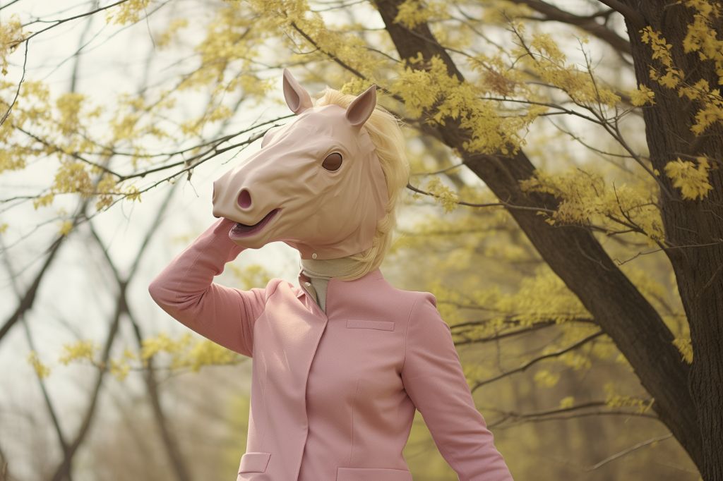 woman wearing pony mask in forest, energetic style