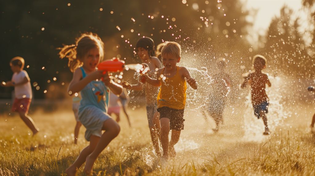 Children playing with water guns in sunlit field
