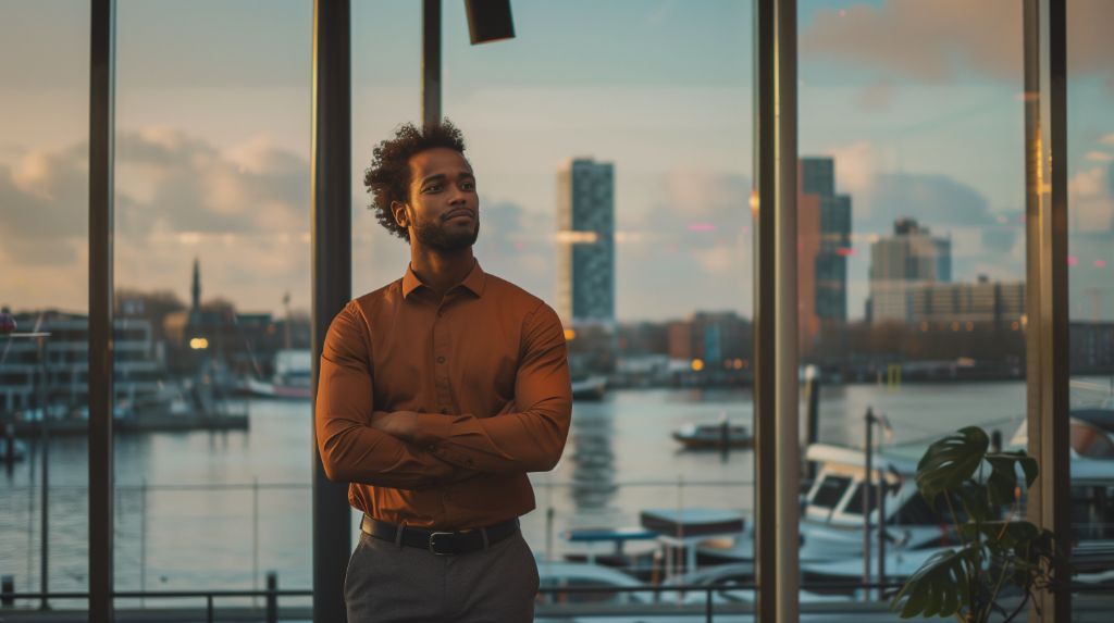 Confident businessman standing by office windows overlooking the city