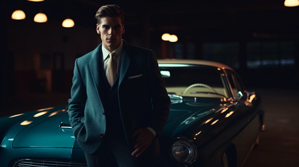 Man in 60s fashion suit standing in front of a vintage car