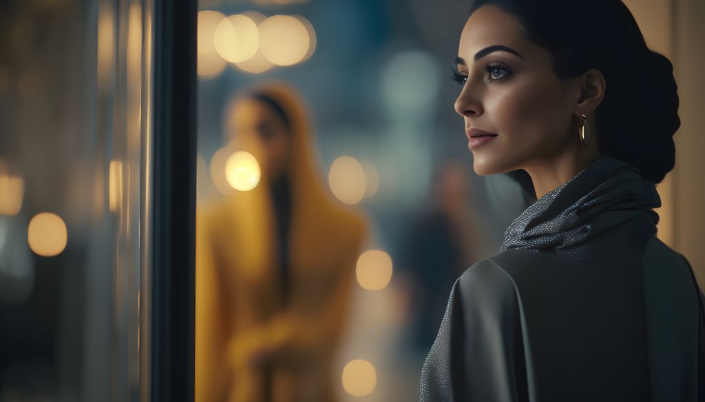 Elegant Reflection: Middle Eastern Woman in a Boutique with Window Reflection