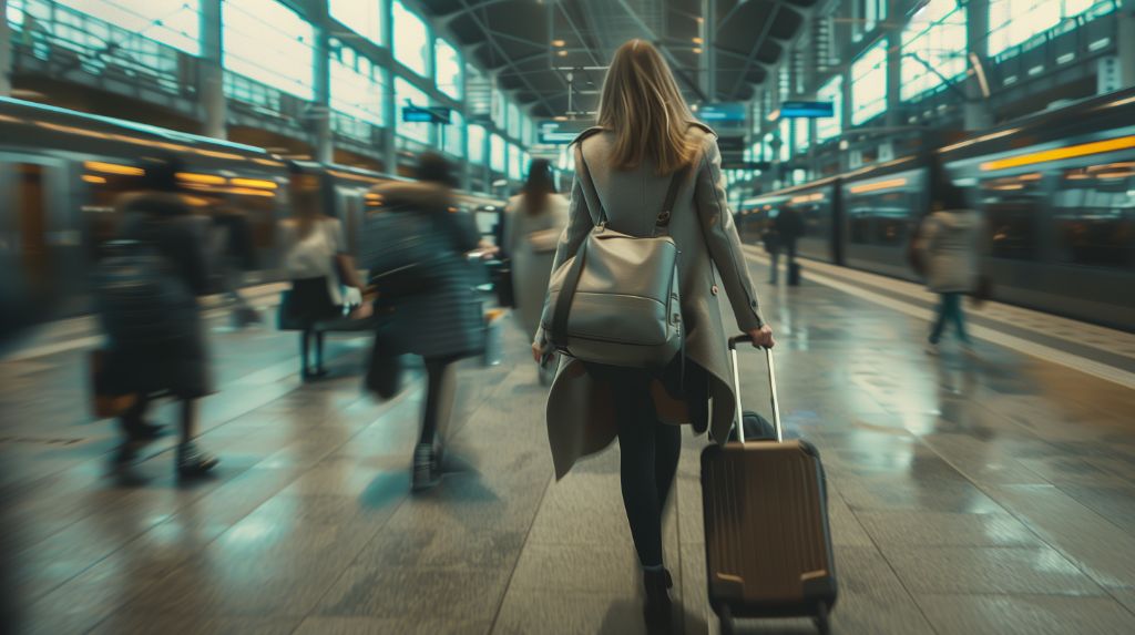 Woman walking in a train station with a suitcase, amidst blurred moving crowd