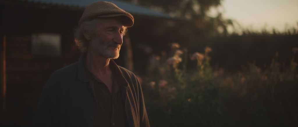 Golden hour portrait: smiling man in farm with cinematic depth of field