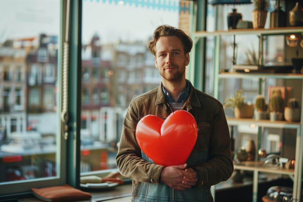 Man holding a red heart-shaped balloon indoors