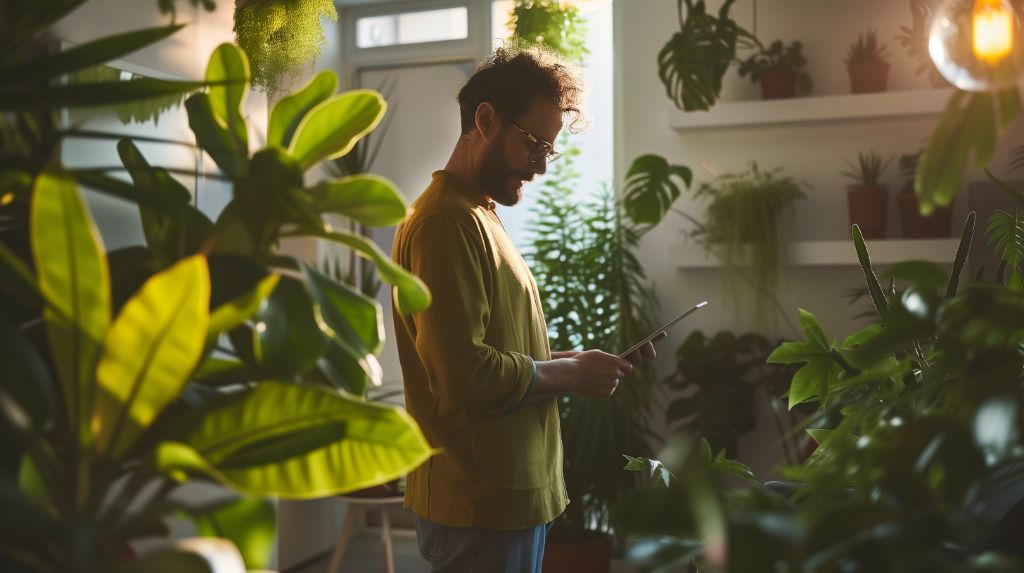 Man surrounded by lush indoor plants using a tablet