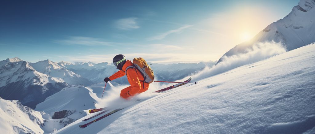 Solo skier on steep slope, dramatic mountain scenery, vast landscape, high-speed, detailed snow texture, morning light contrast, exhilaration.