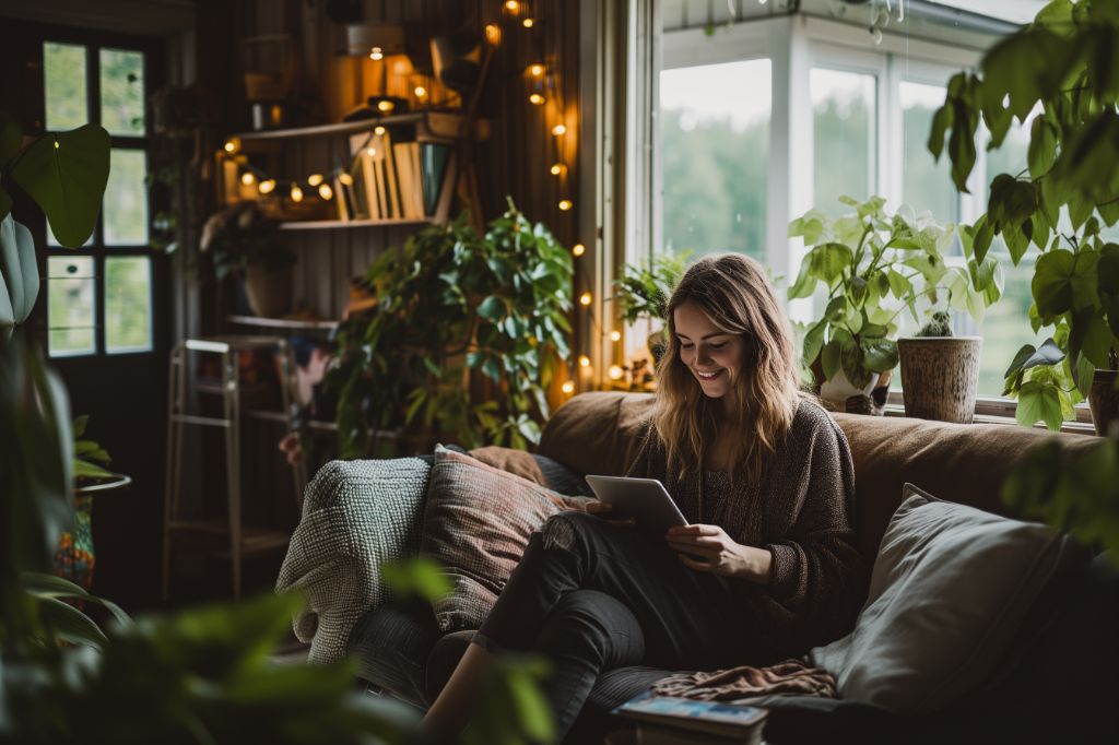 Woman reading on tablet in cozy home surrounded by plants