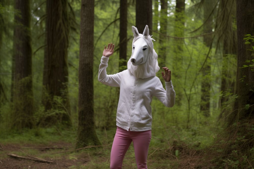 A person in horse mask in forest