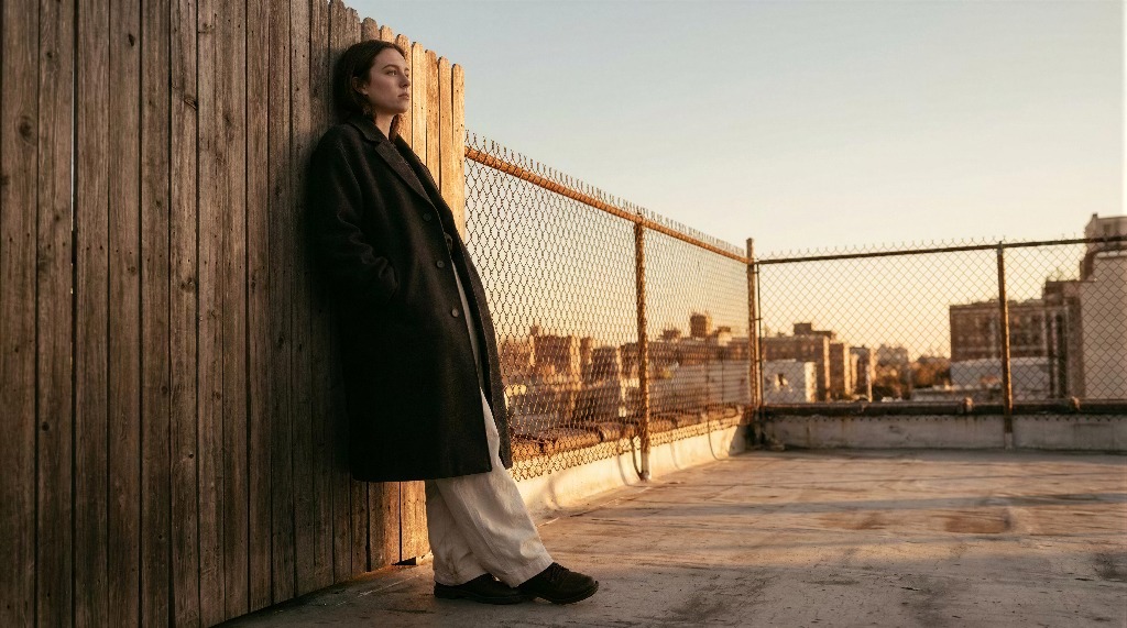 Young woman in a coat leans against a rooftop fence at sunset.