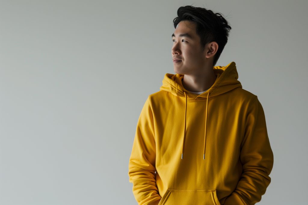 Young man in yellow hoodie looking away thoughtfully