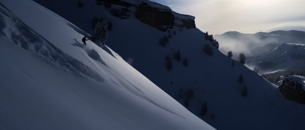 a solo man snowboarding down a challenging trail with dramatic cliffside. full shot with snowboarder in foreground, showcasing daunting terrain. morning light casting mix of sharp and soft shadows, highlighting rugged landscape.